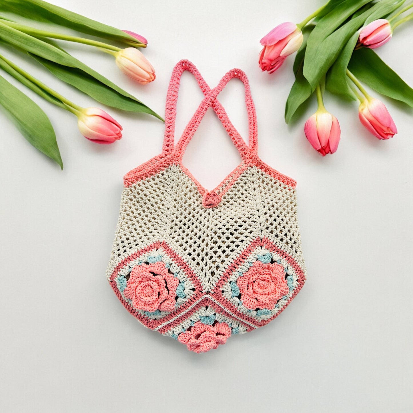 กระเป๋าทรงสี่เหลี่ยมคุณยายกุหลาบ 5 ใบ - 1013