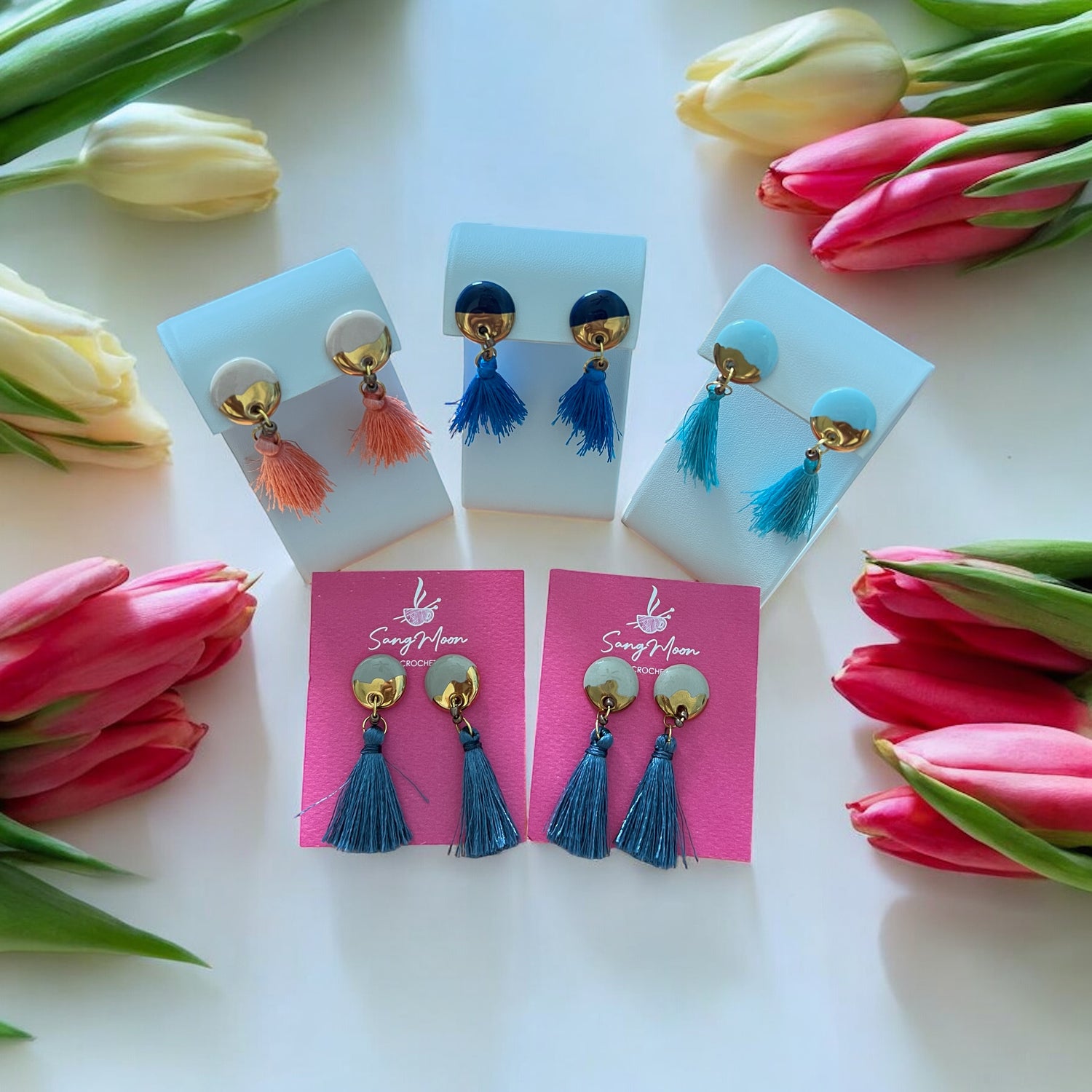 Ceramic Earrings - Button Stud with Tassel