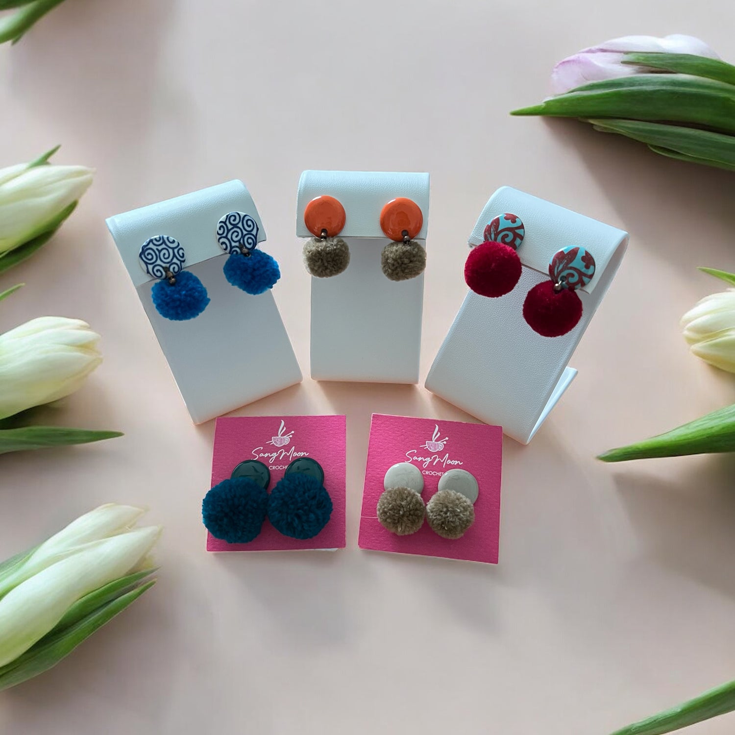 Ceramic Earrings - Button Stud with Pom