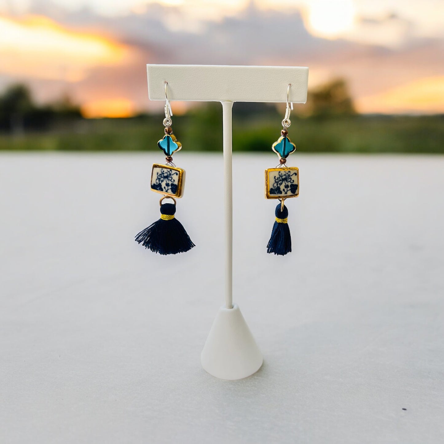 Ceramic Earrings - Vintage Gold Frame with charm and tassel - 01-1001