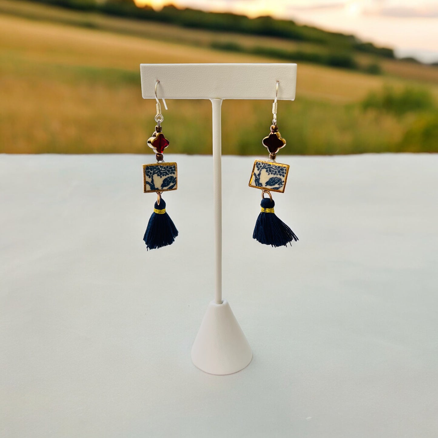 Ceramic Earrings - Vintage Gold Frame with charm and tassel - 01-1003