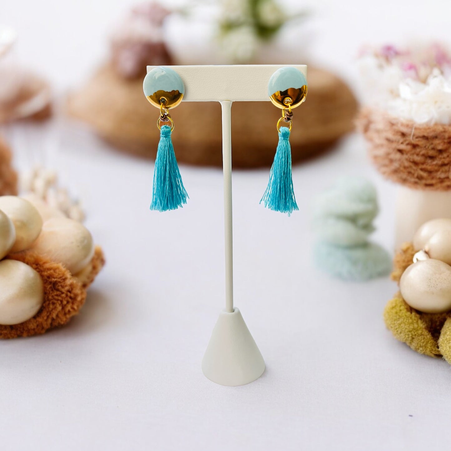 Ceramic Earrings - Button Stud with tassel - 02-1006