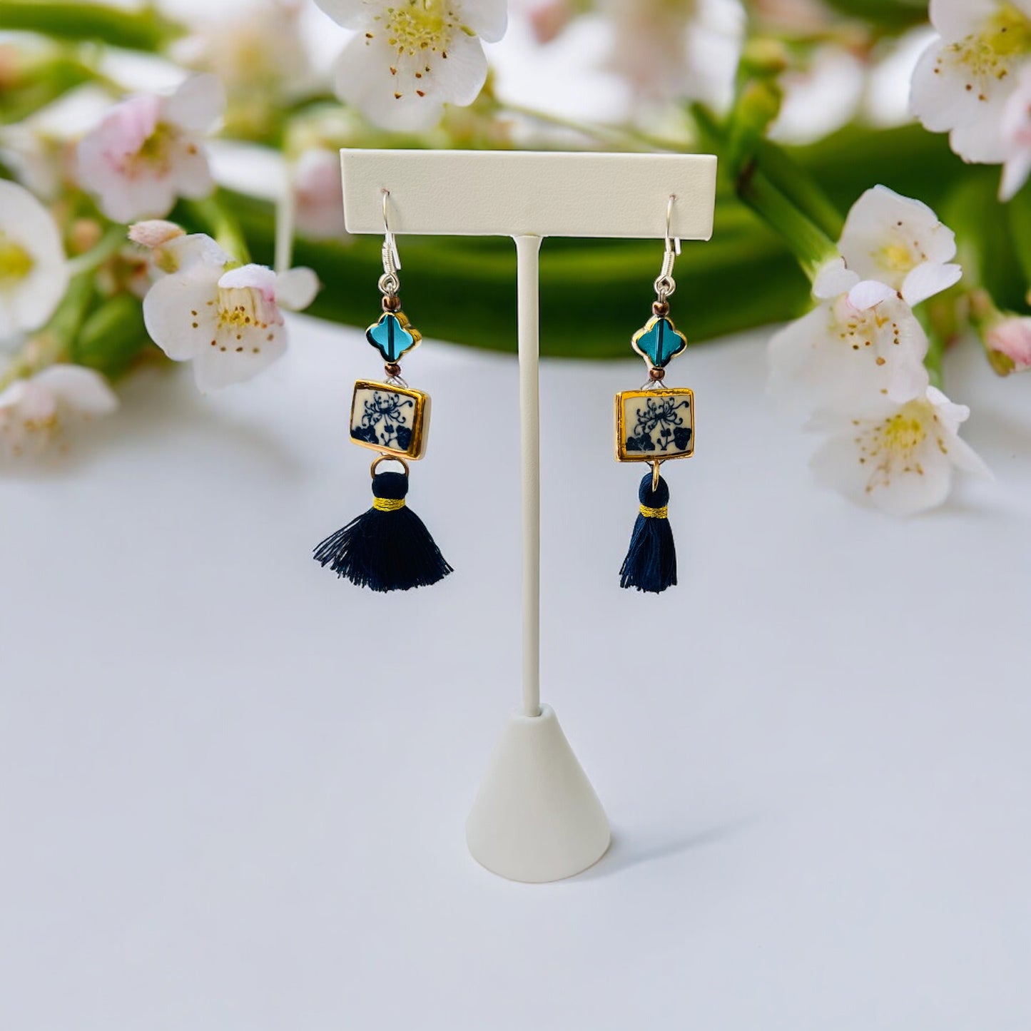 Ceramic Earrings - Vintage Gold Frame with charm and tassel - 01-1001