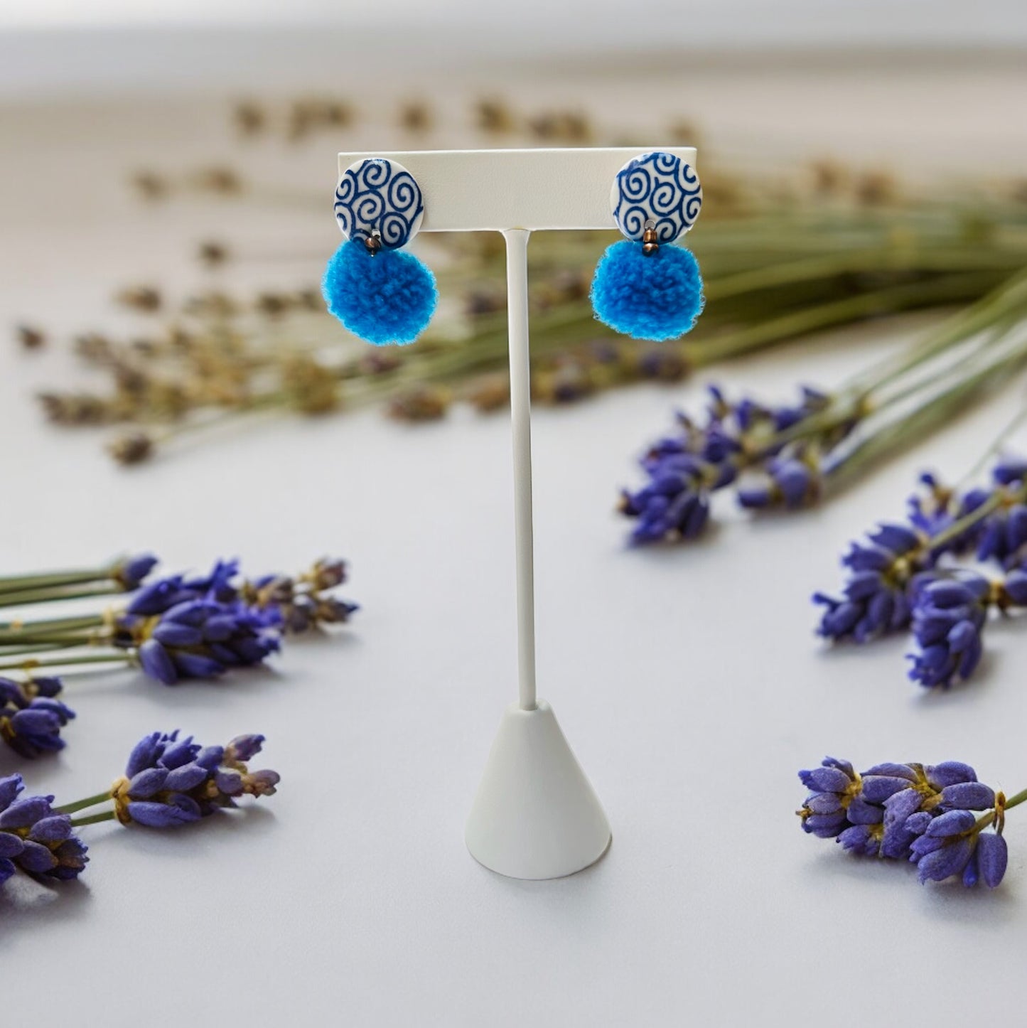 Ceramic Earrings - Button Stud with Pom - 15-1003