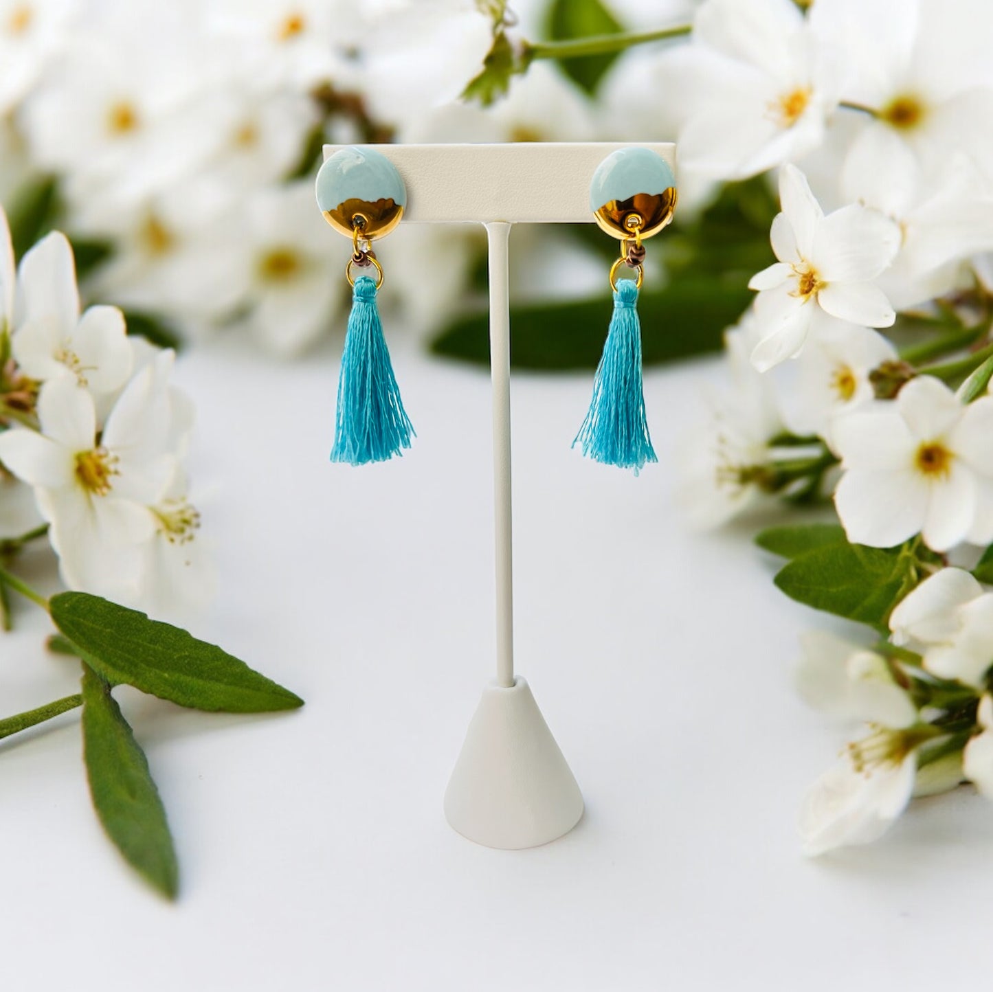 Ceramic Earrings - Button Stud with tassel - 02-1006