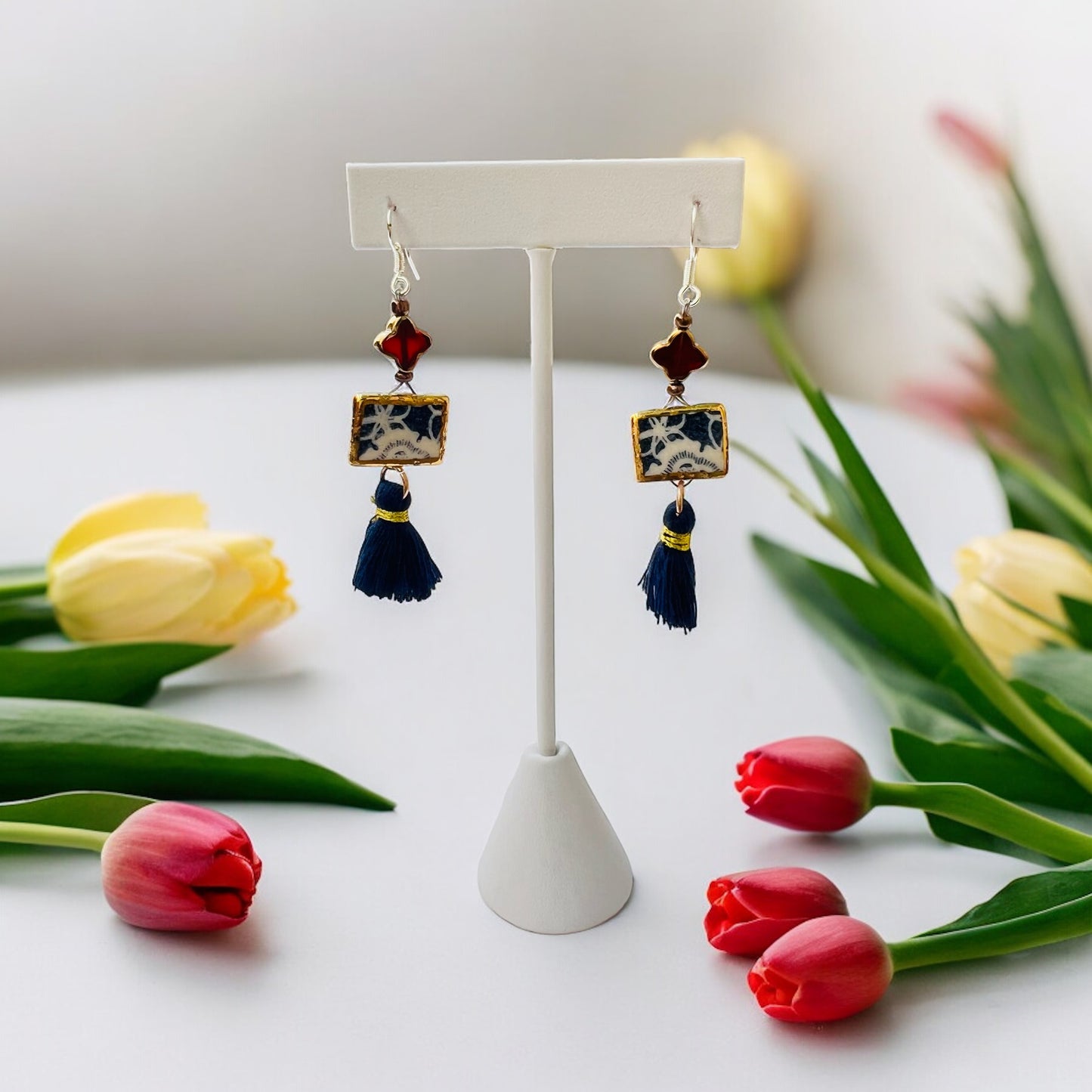 Ceramic Earrings - Vintage Gold Frame with Charm and Tassel - 01-1010