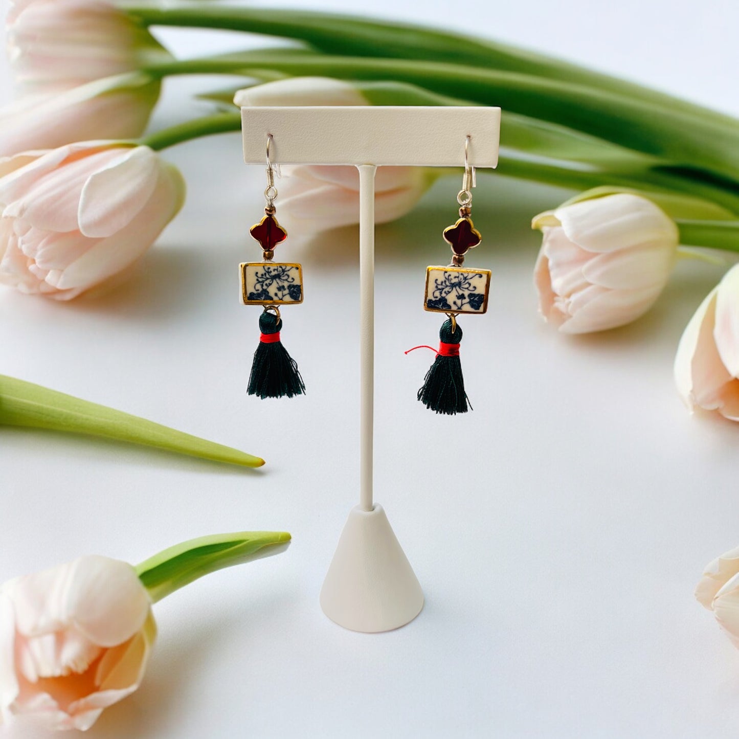 Ceramic Earrings - Vintage Gold Frame with charm and tassel - 01-1002