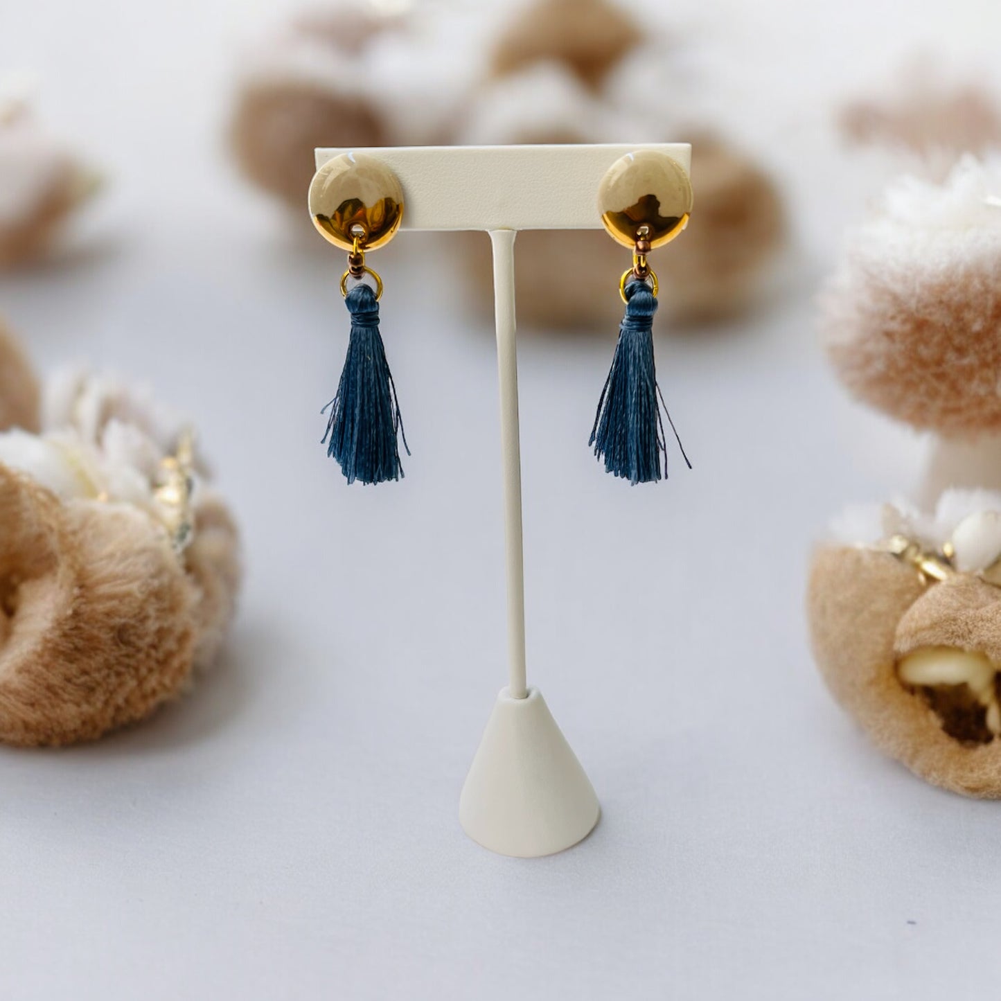 Ceramic Earrings - Button Stud with tassel - 02-1003