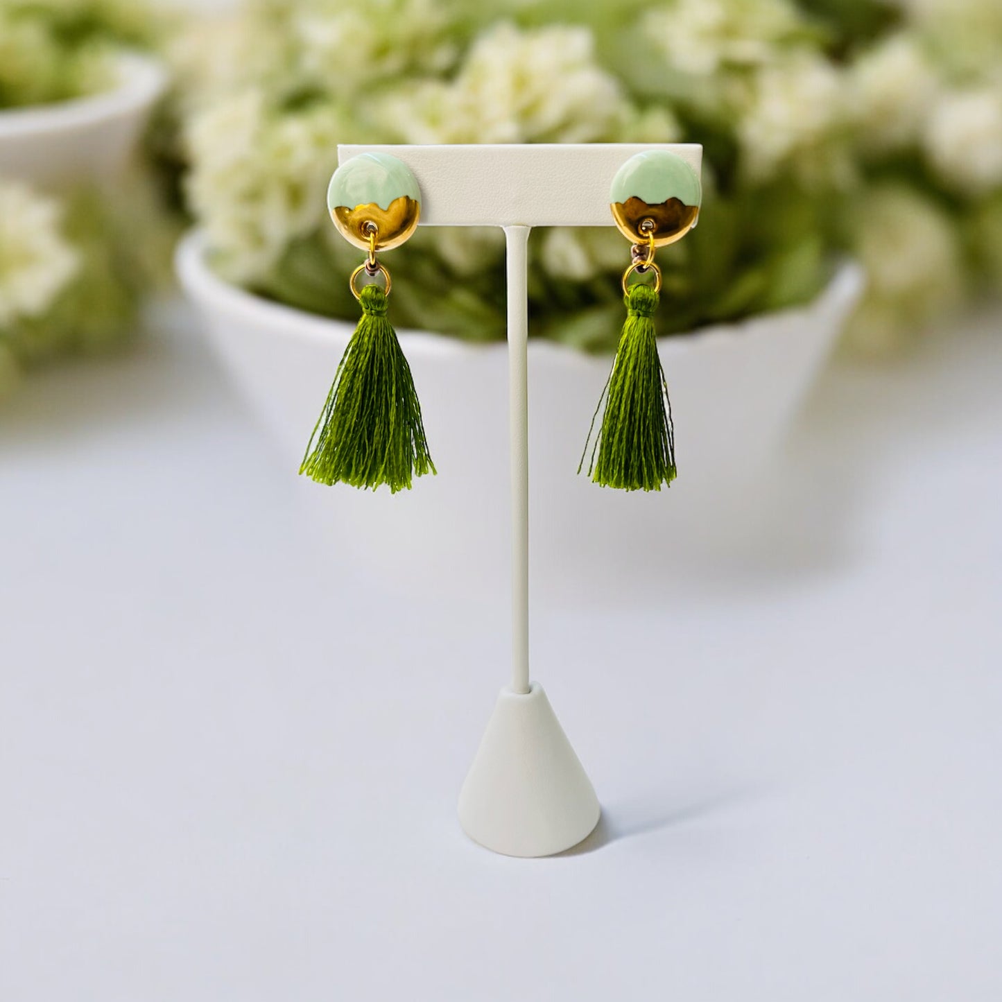 Ceramic Earrings - Button Stud with tassel - 02-1009