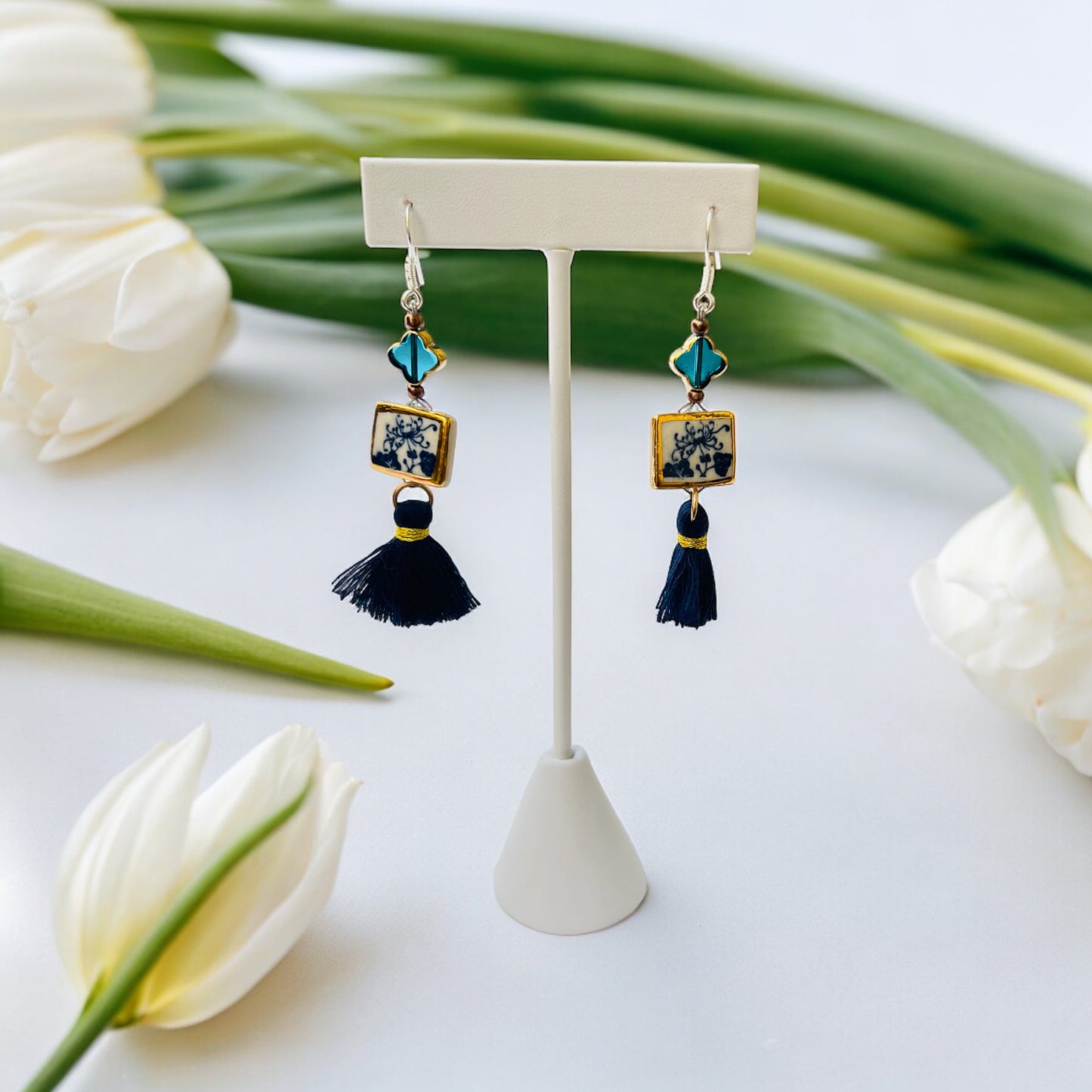 Ceramic Earrings - Vintage Gold Frame with charm and tassel - 01-1001