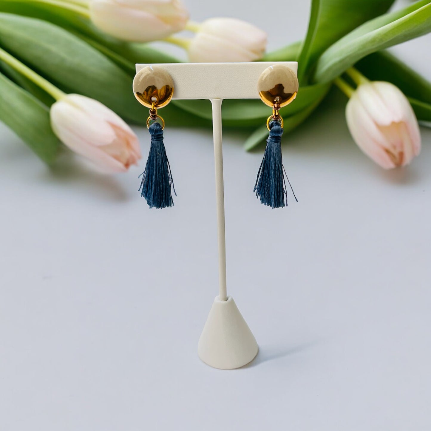 Ceramic Earrings - Button Stud with tassel - 02-1003