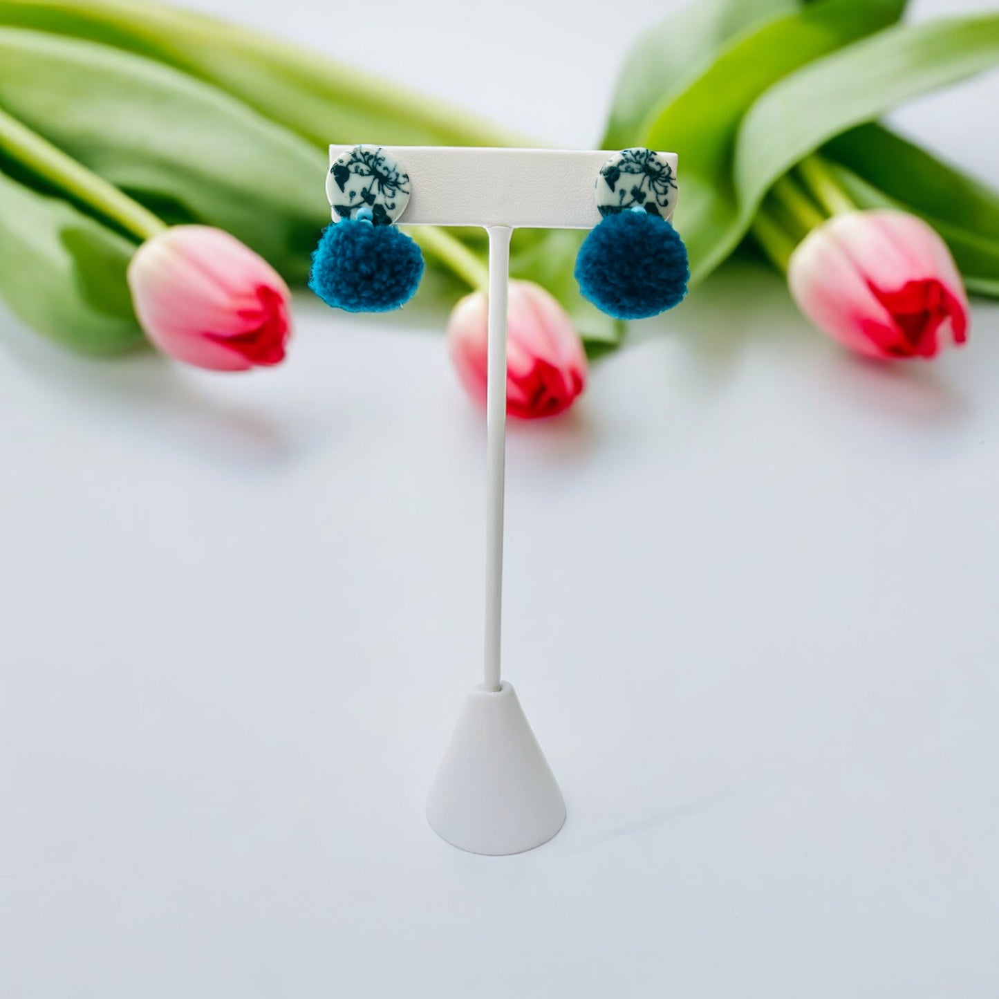 Ceramic Earrings - Button Stud with Pom - 15-1006