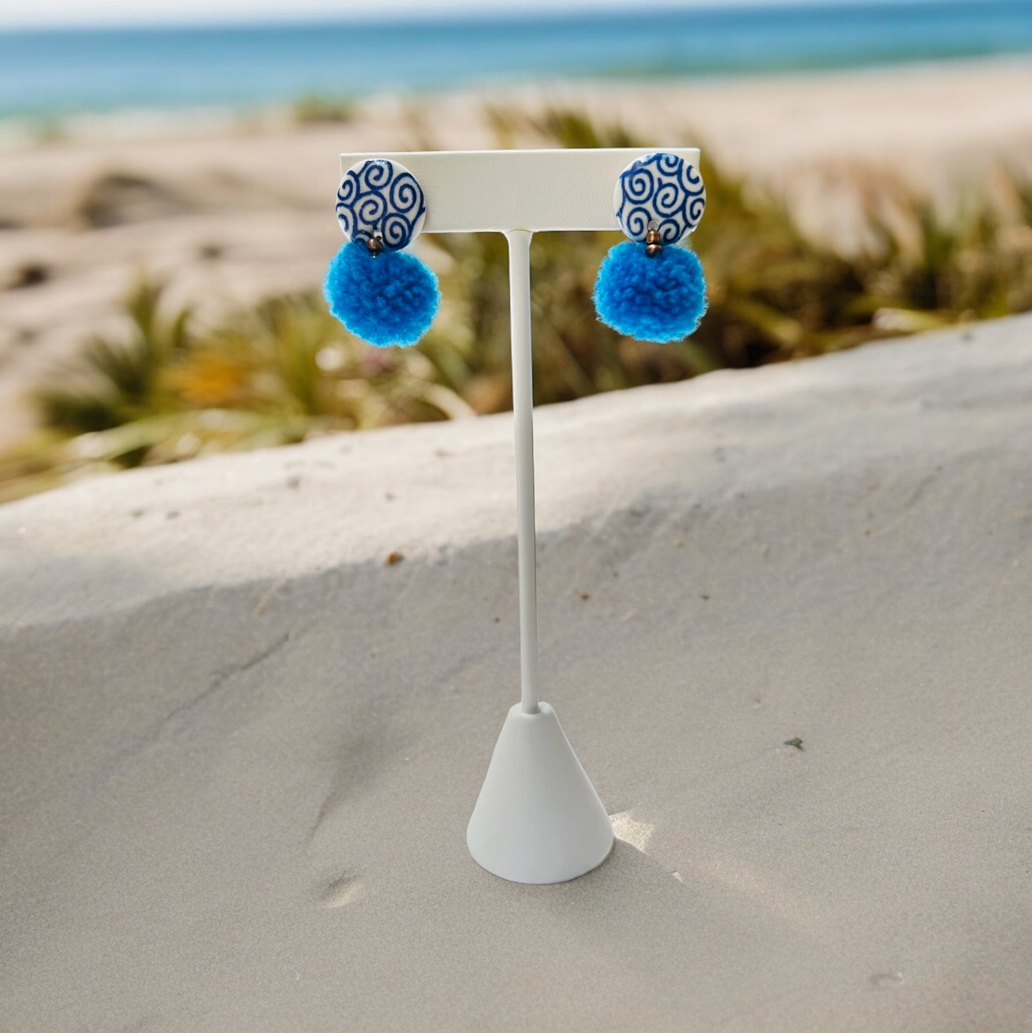 Ceramic Earrings - Button Stud with Pom - 15-1003