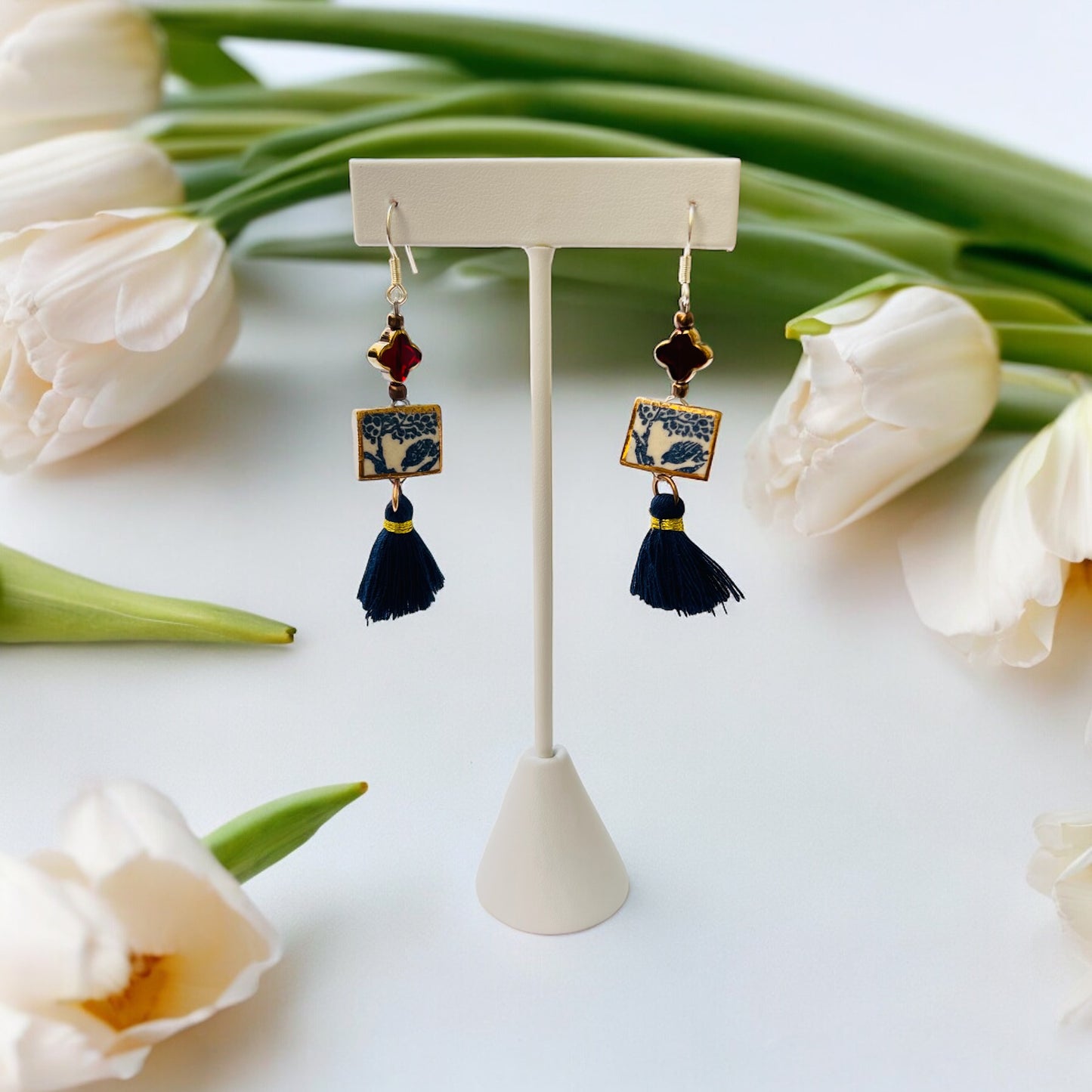 Ceramic Earrings - Vintage Gold Frame with charm and tassel - 01-1003