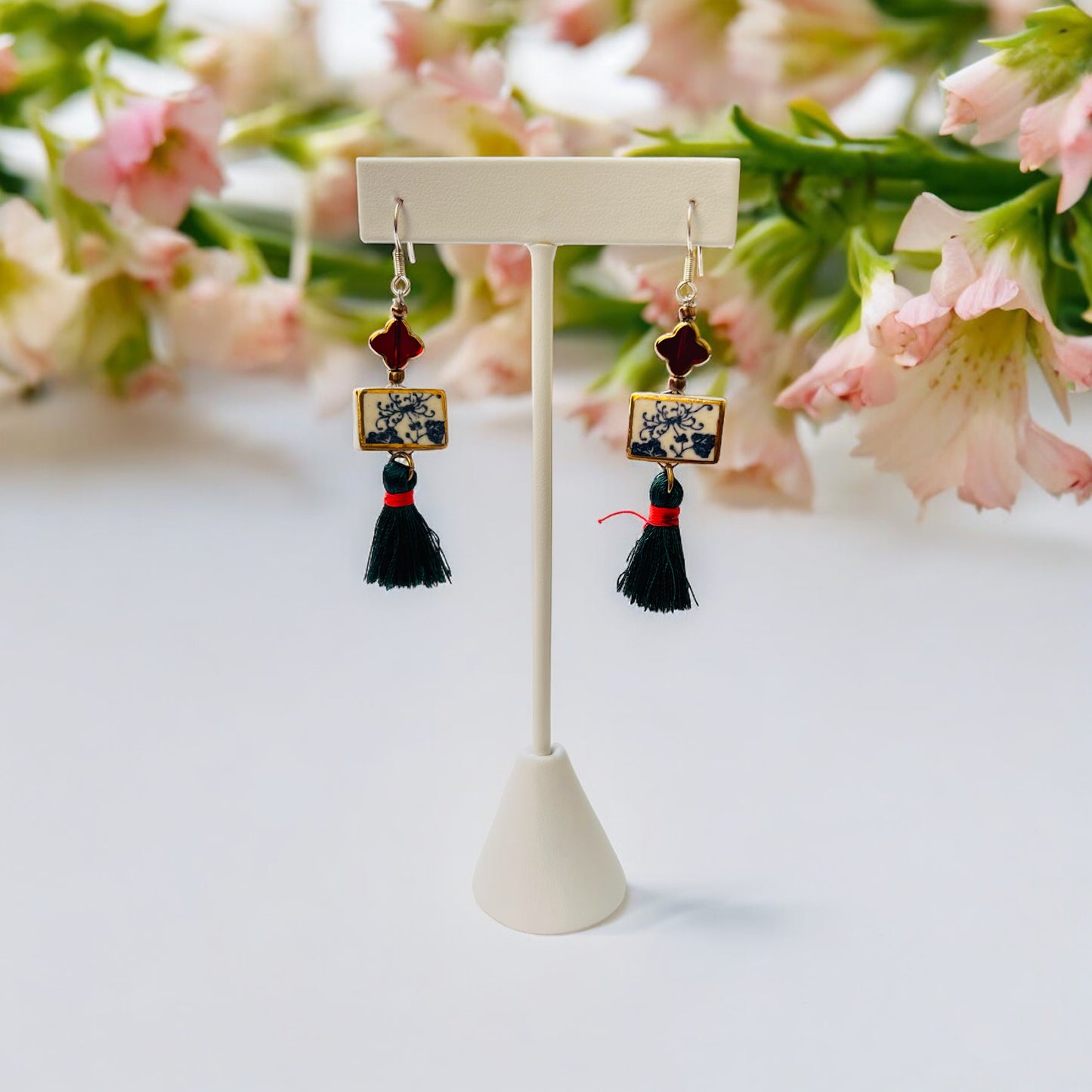 Ceramic Earrings - Vintage Gold Frame with charm and tassel - 01-1002