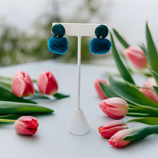 Ceramic Earrings - Button Stud with Pom - 15-1001