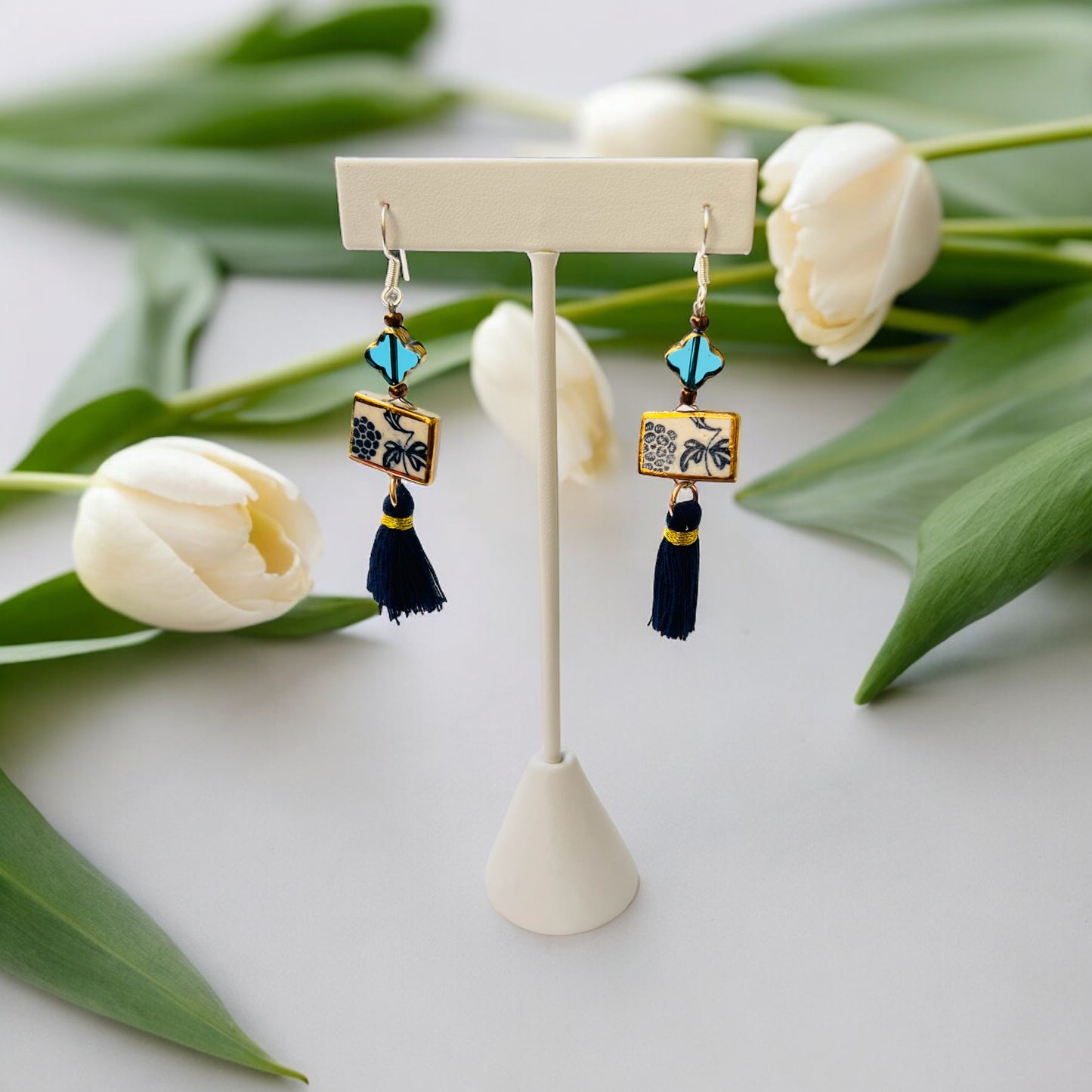 Ceramic Earrings - Vintage Gold Frame with charm and tassel - 01-1008