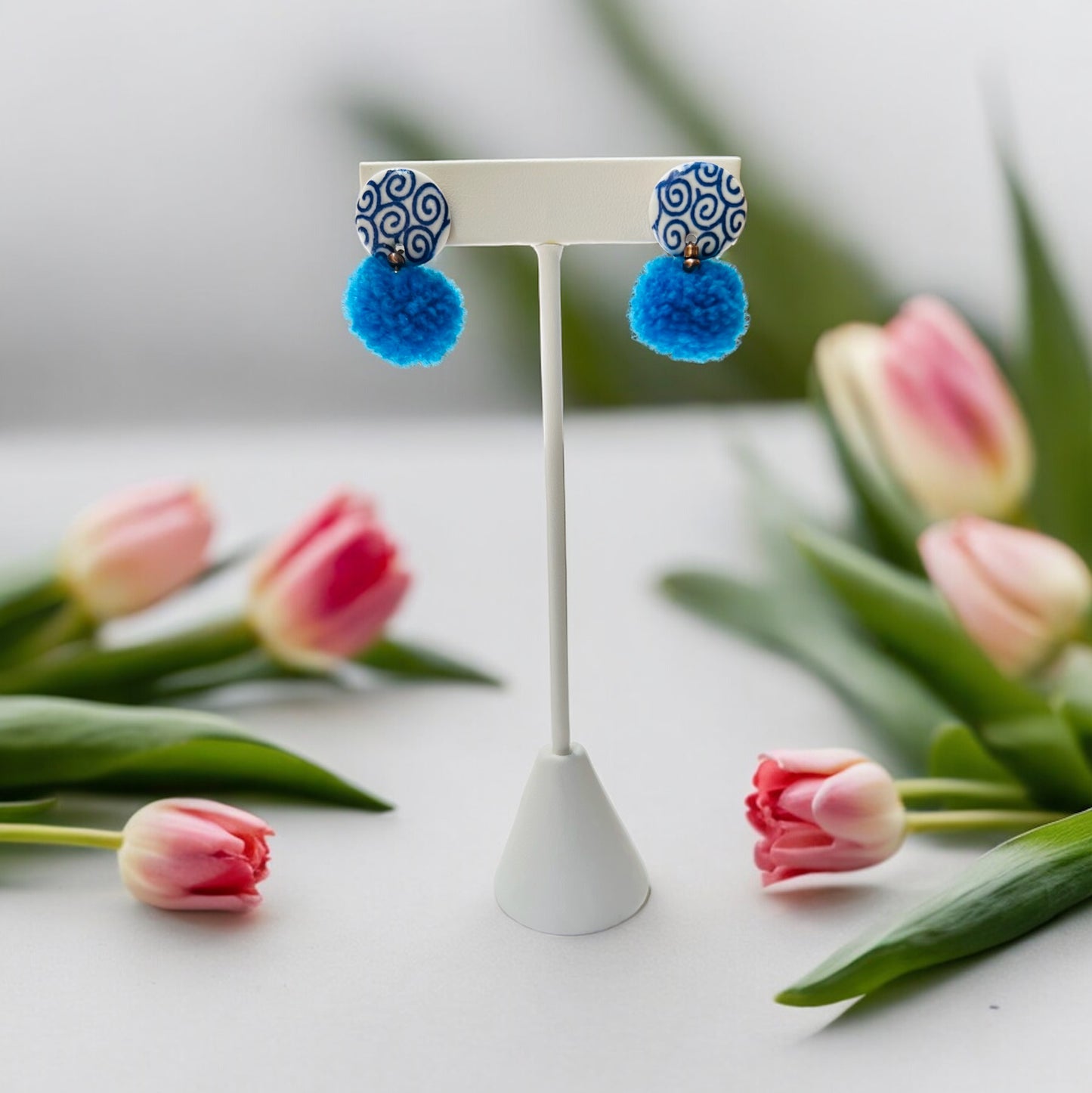 Ceramic Earrings - Button Stud with Pom - 15-1003