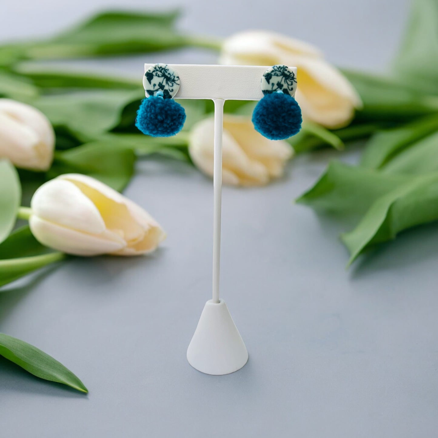 Ceramic Earrings - Button Stud with Pom - 15-1006