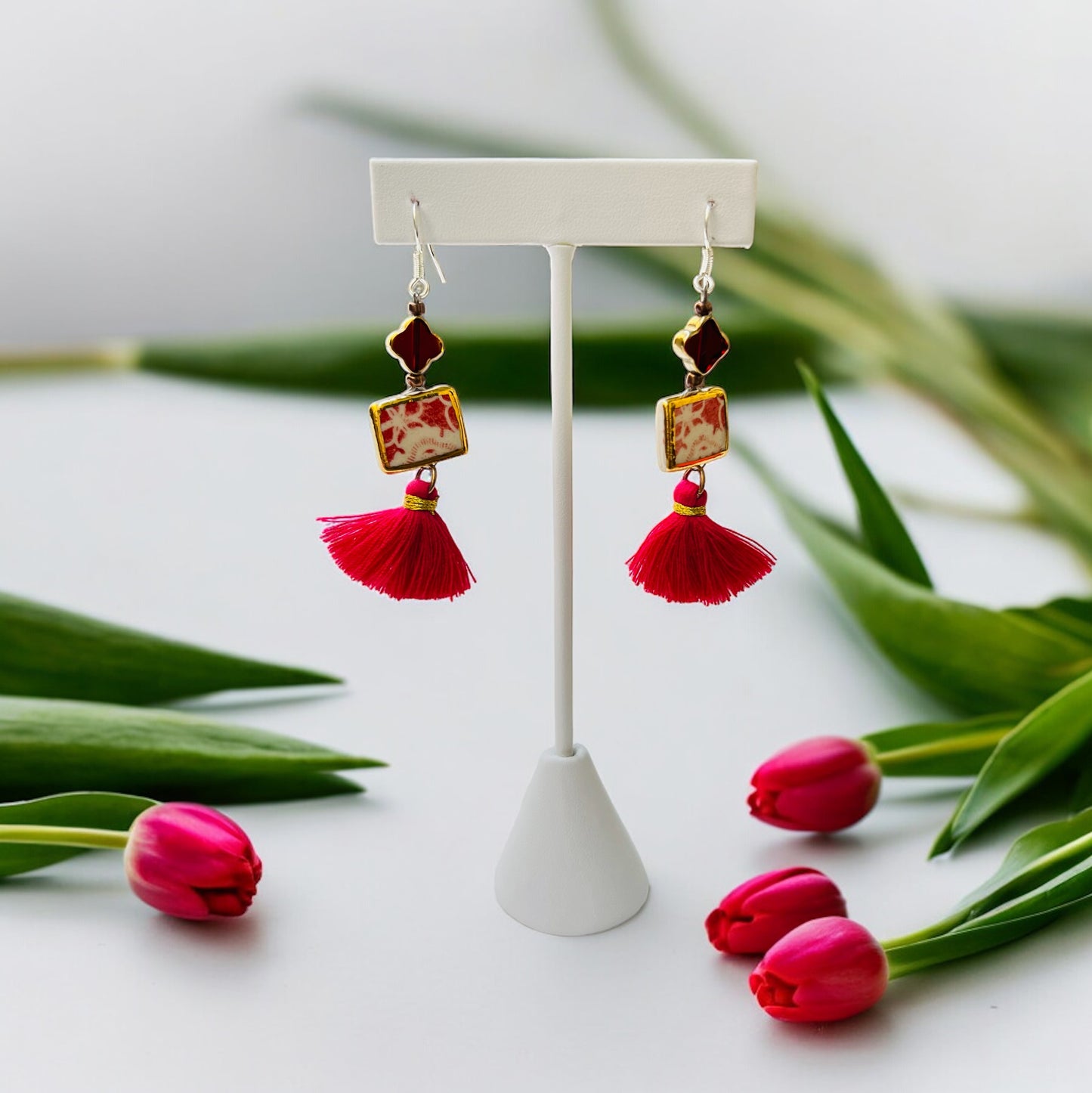 Ceramic Earrings - Vintage Gold Frame with charm and tassel - 01-1005