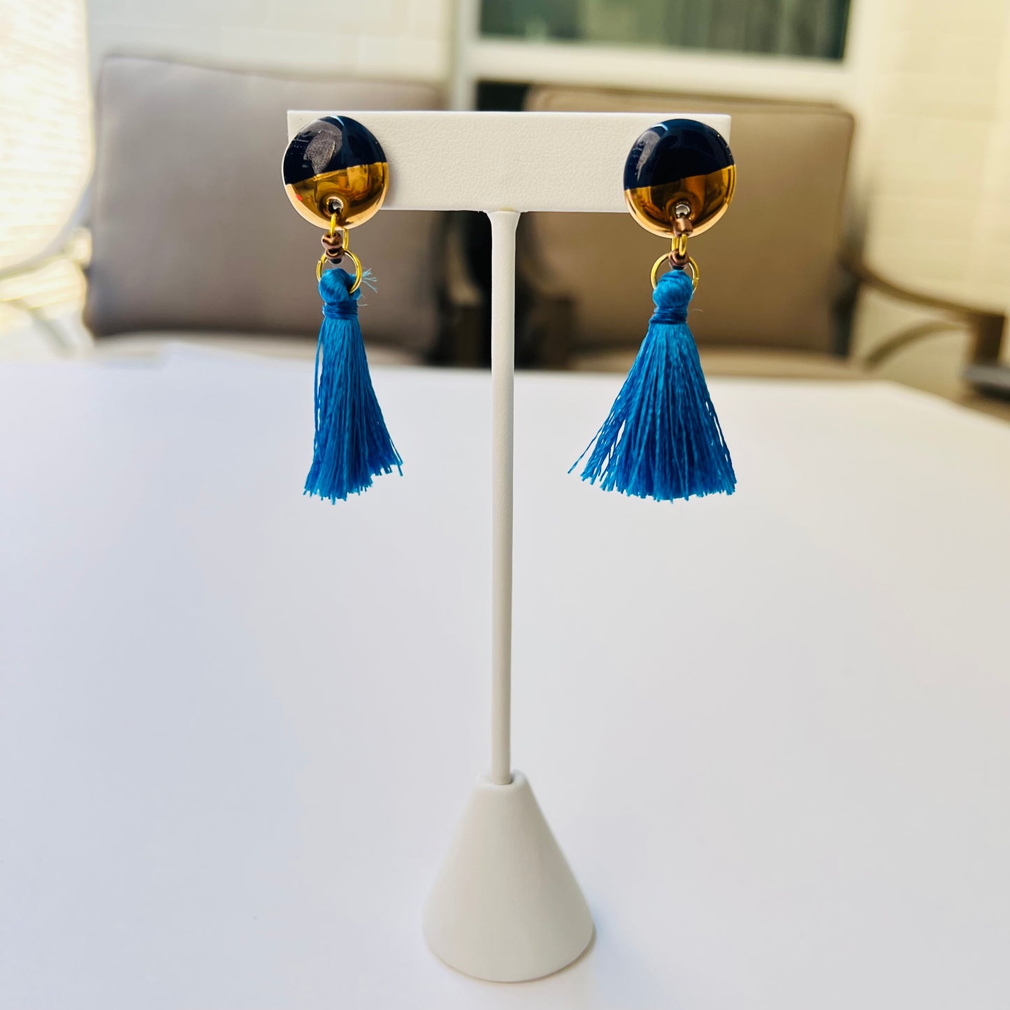 Ceramic Earrings - Button Stud with Tassel - 02-1008