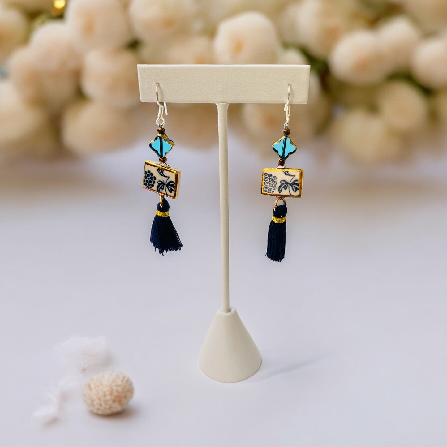 Ceramic Earrings - Vintage Gold Frame with charm and tassel - 01-1008