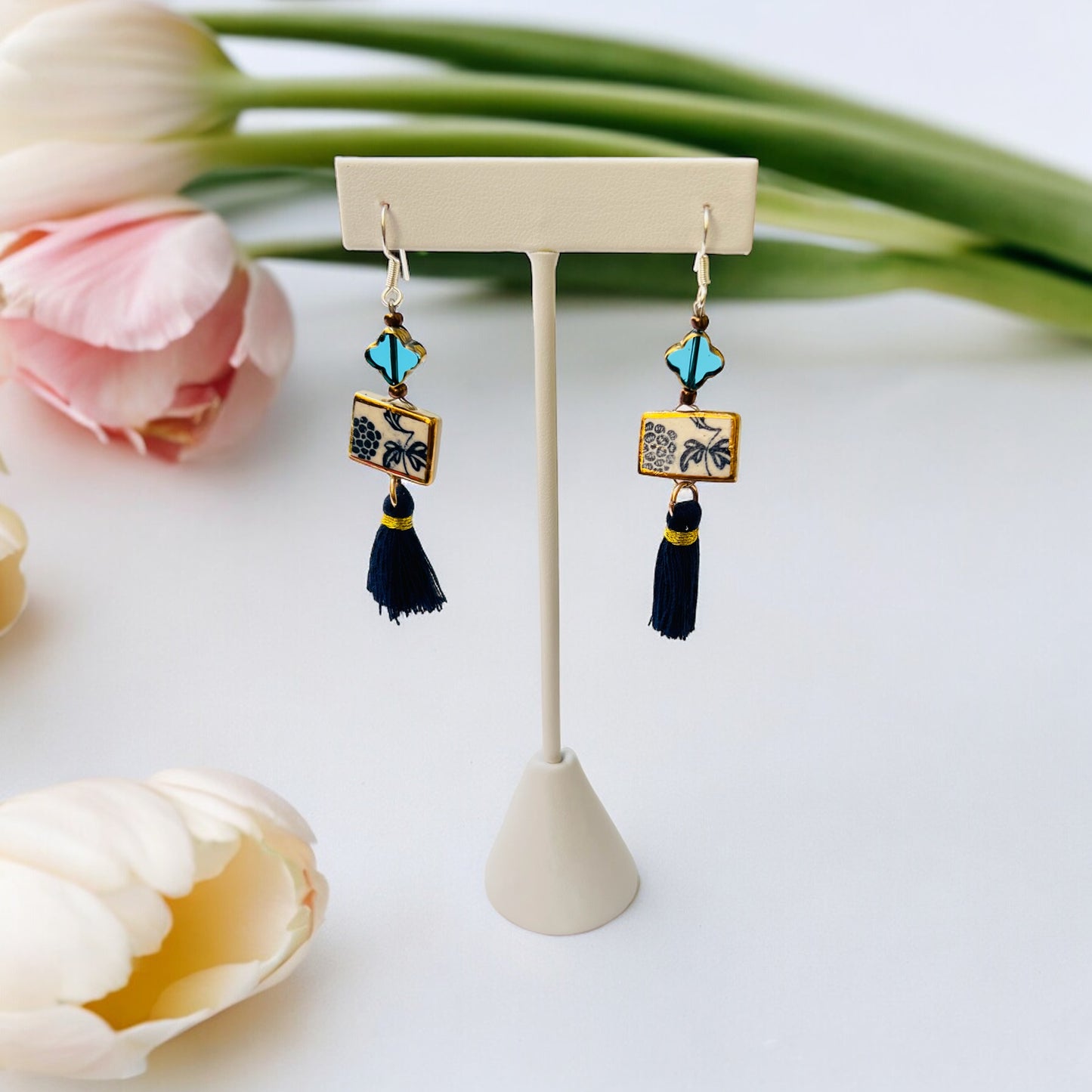 Ceramic Earrings - Vintage Gold Frame with charm and tassel - 01-1008