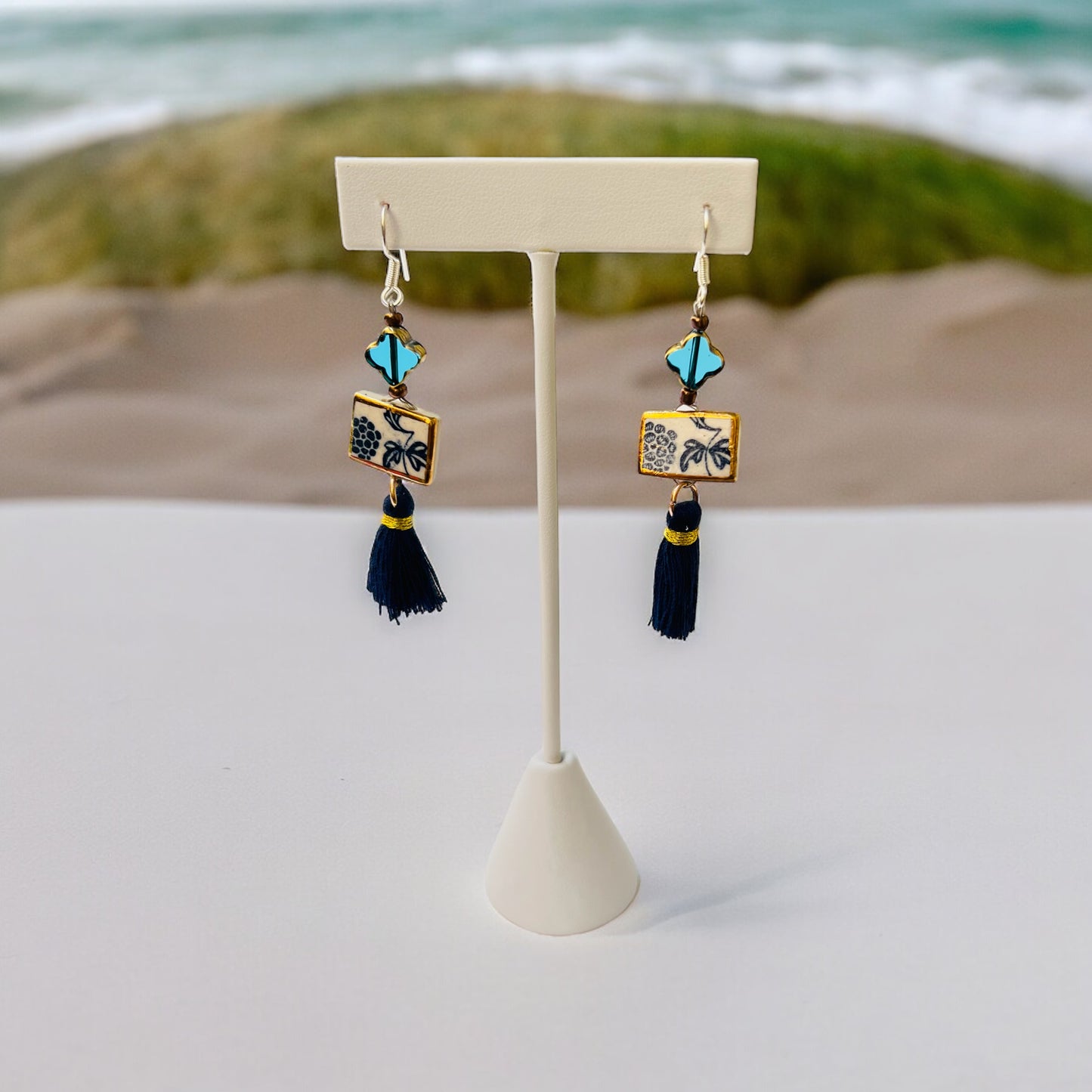 Ceramic Earrings - Vintage Gold Frame with charm and tassel - 01-1008