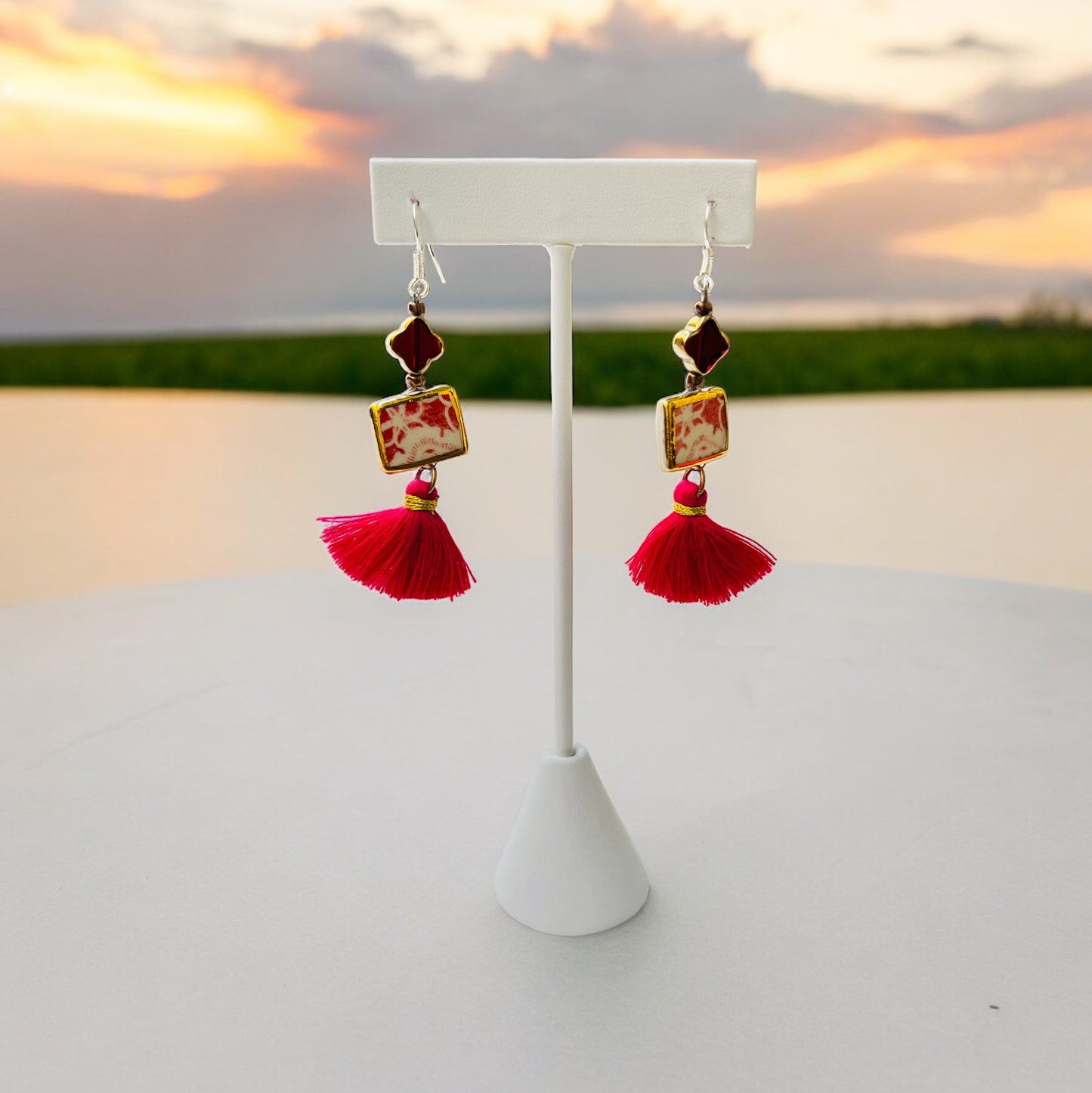 Ceramic Earrings - Vintage Gold Frame with charm and tassel - 01-1005