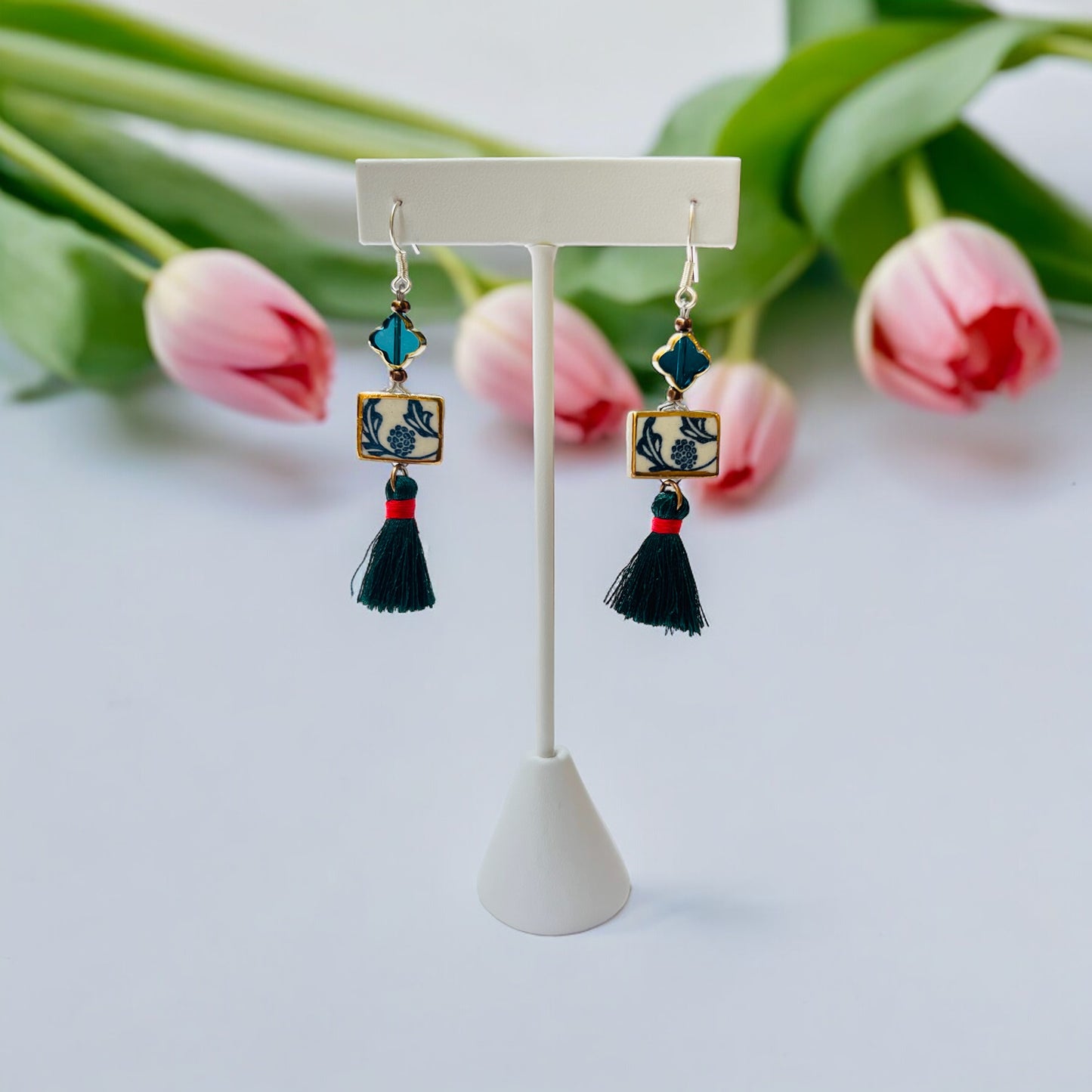 Ceramic Earrings - Vintage Gold Frame with charm and tassel - 01-1004