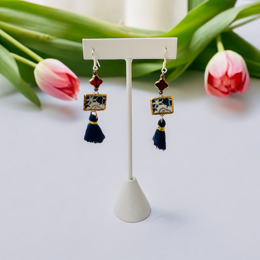 Ceramic Earrings - Vintage Gold Frame with Charm and Tassel - 01-1010