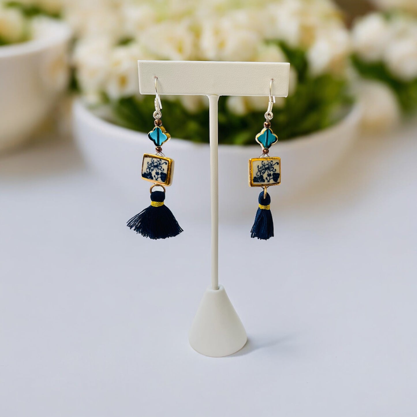 Ceramic Earrings - Vintage Gold Frame with charm and tassel - 01-1001